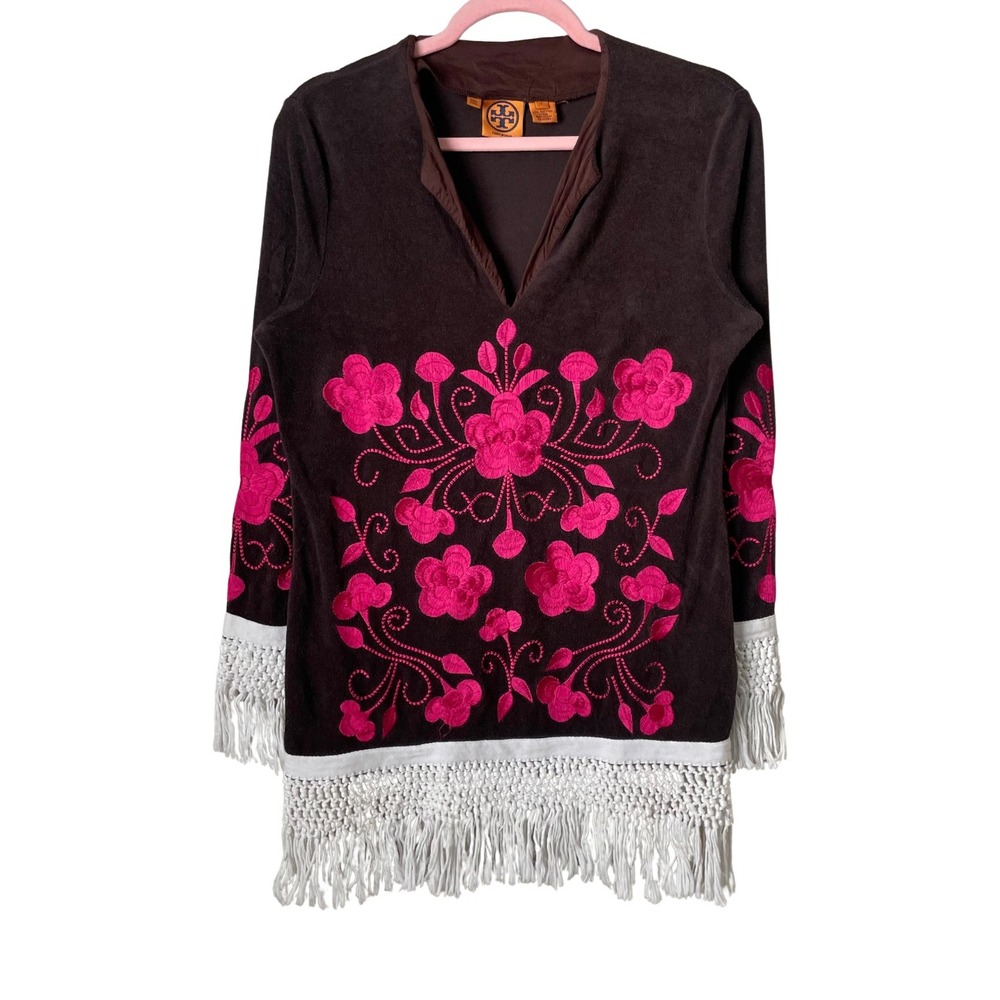 Tory Burch Top Small Brown Pink Terry Floral Embroidered Tunic Crochet Fringe